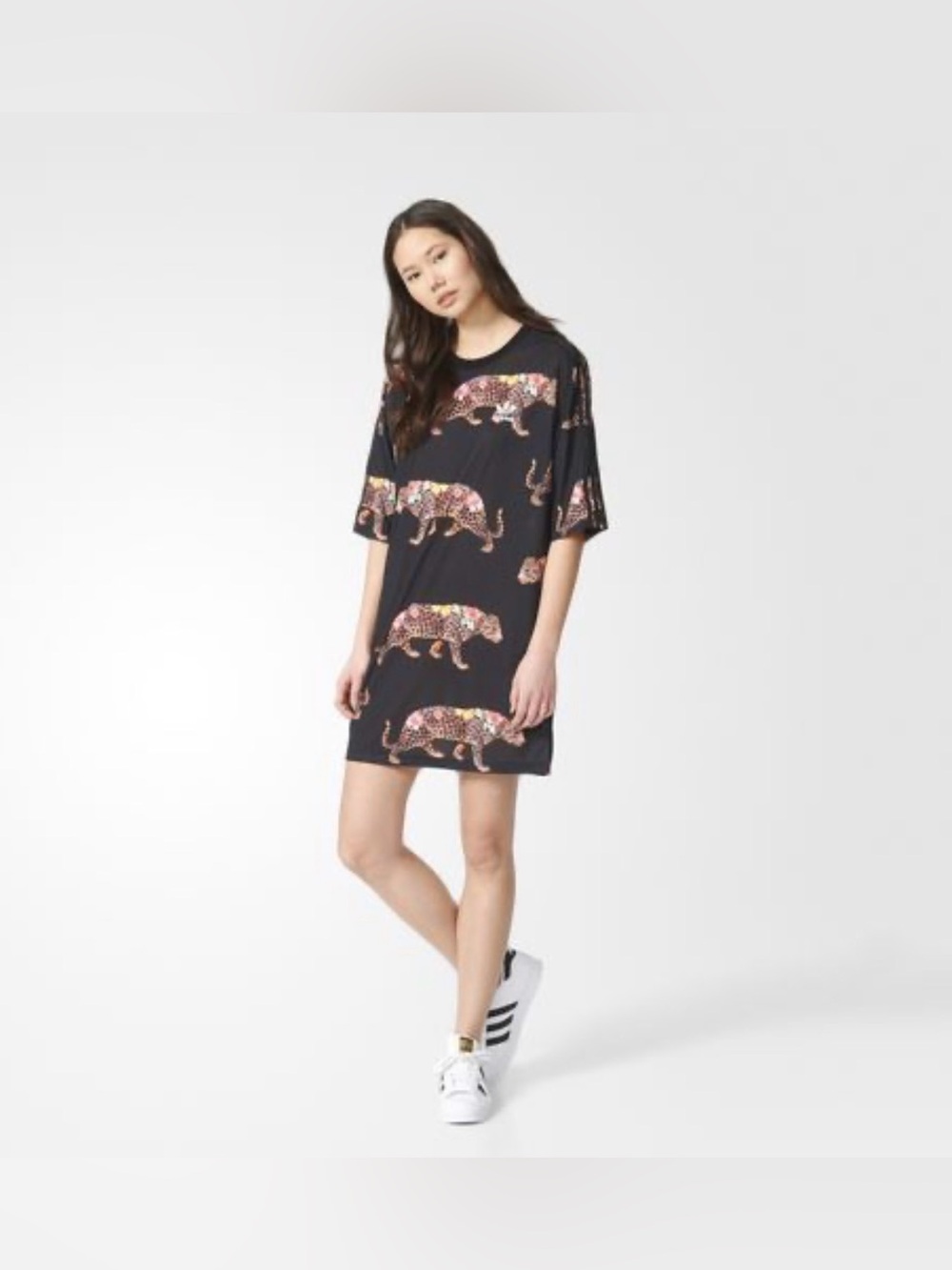 Adidas x Farm Multi Leopard Print-Oversized-Mini-T Shirt-Dress-Floral-Casual-M